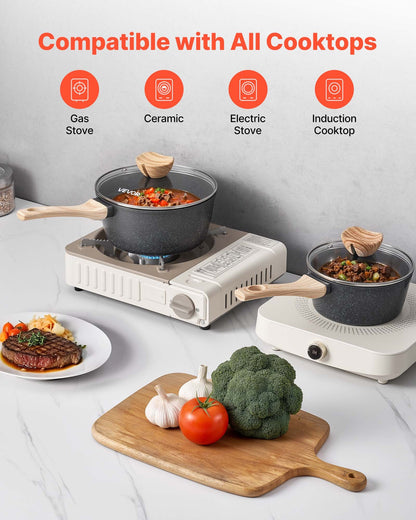 Kastrullset, 1,5 QT och 2,5 QT nonstick-kastrull med glaslock, mångsidiga såsgrytor med avtagbara handtag, kastrull för kök med beläggning, induktionskompatibel, svart