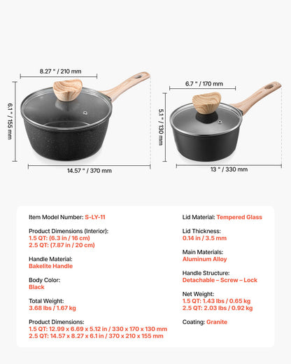 Kastrullset, 1,5 QT och 2,5 QT nonstick-kastrull med glaslock, mångsidiga såsgrytor med avtagbara handtag, kastrull för kök med beläggning, induktionskompatibel, svart