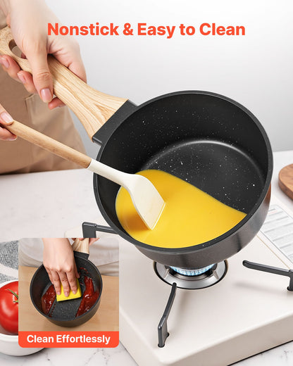 1,5 qt kastrull, nonstick-kastrull med härdat glaslock, mångsidig såsgryta med avtagbart handtag, kastrull för liten köksgryta med beläggning, induktionskompatibel, svart
