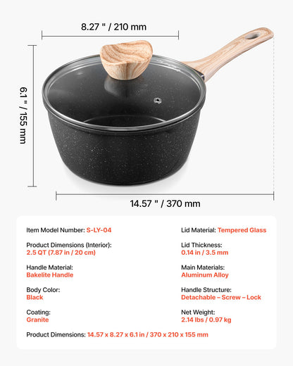 2,5 qt kastrull, nonstick-kastrull med härdat glaslock, mångsidig såsgryta med avtagbart handtag, kastrull för liten köksgryta med beläggning, induktionskompatibel, svart