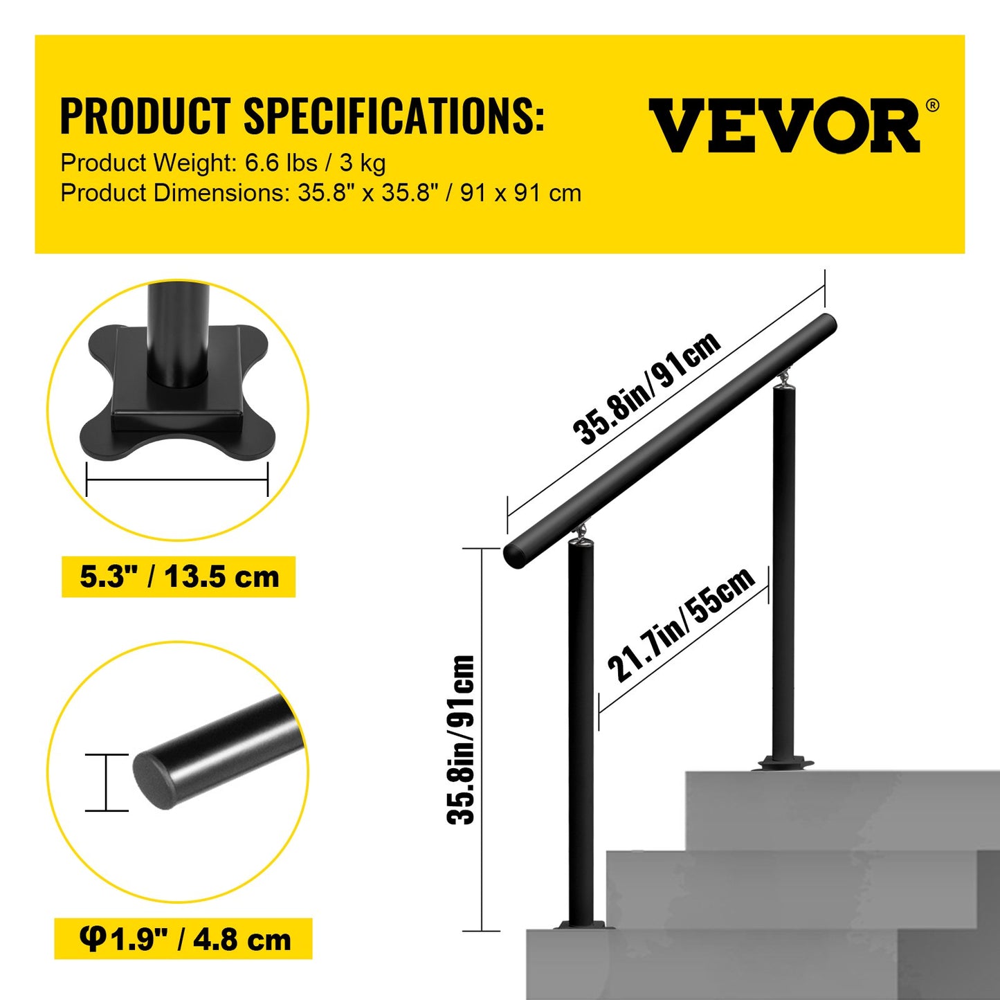 Ledstång för utomhustrappor, 91,4 cm, 86,4 cm Ledstång för utomhusbruk Svart räcke för utomhustrappor Justerbart från 0 till 60 grader Ledstång för trappor Svart räcke i aluminium för trädgård