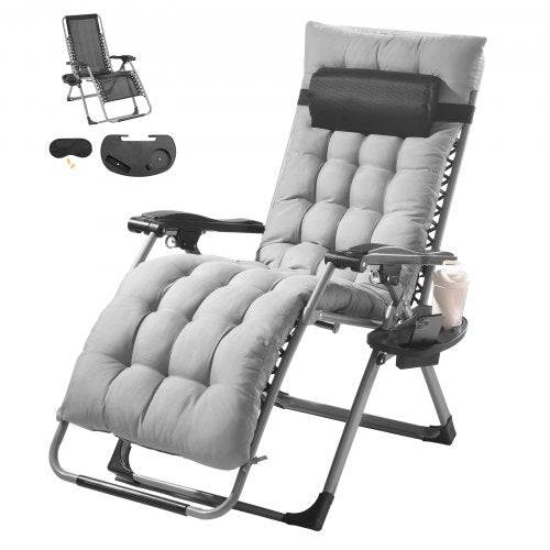 Zero Gravity-stol, 26 tums zero gravity-fåtölj för inomhus- och utomhusbruk, justerbar antigravity-fåtölj med kudde, nackstöd, fotstöd och mugghållare, 500 lbs, grå