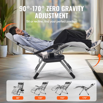 Zero Gravity-stol, 33 tums zero gravity-fåtölj för inomhus- och utomhusbruk, justerbar antigravitationsstol med kudde, nackstöd, fotstöd och mugghållare, 500 lbs, grå