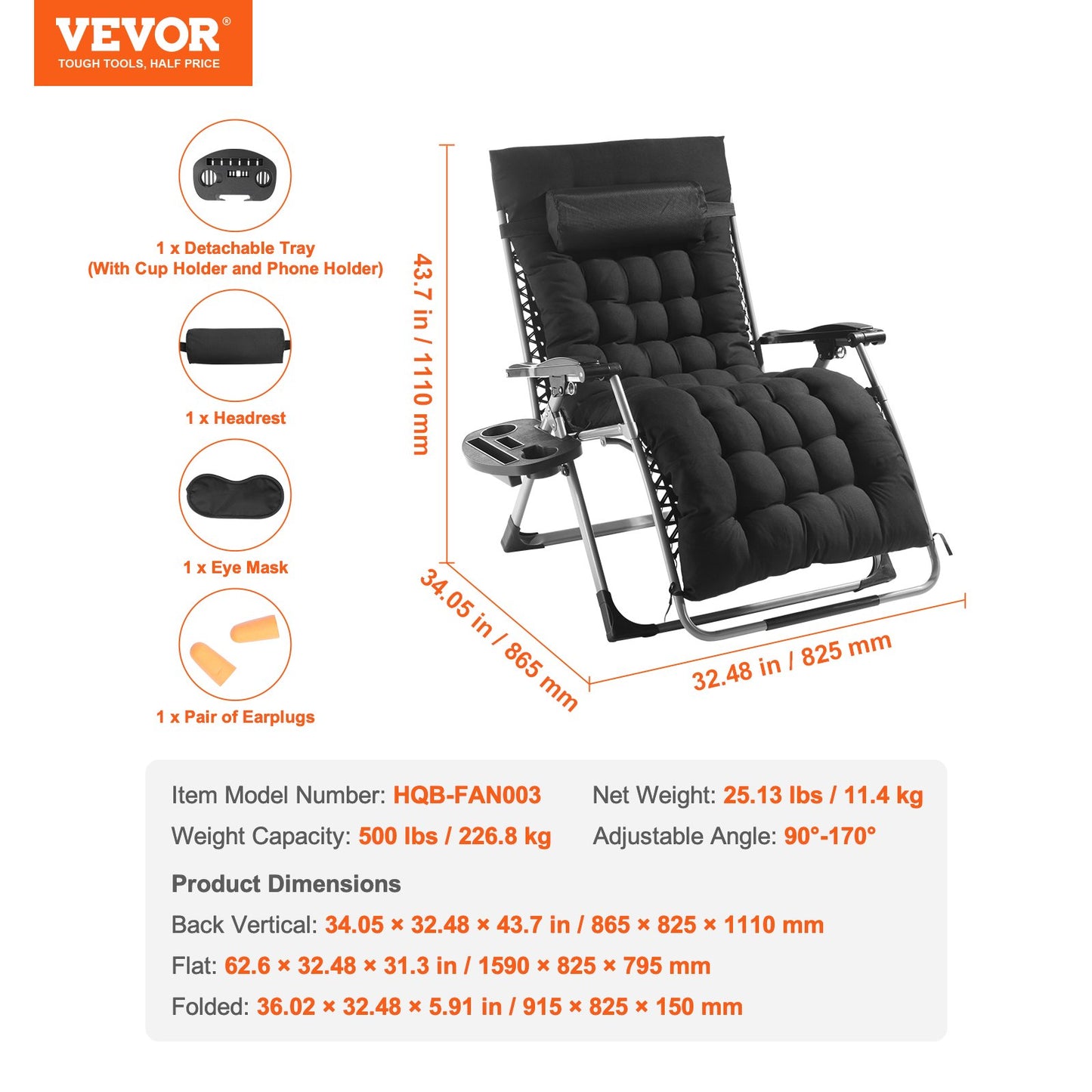 Zero Gravity Chair, 33 inch Zero Gravity Recliner Lounge Chair for Indoor and Outdoor, Adjustable Anti Gravity Chair with Cushion, Headrest, Footrest, and Cupholder, 500 lbs, Black