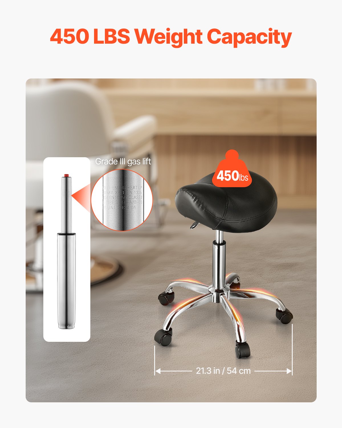 Sadelstol med hjul, 450 LBS viktkapacitet ergonomisk rullstol, höjdjusterbar förtjockad PU-läder snurrbar sadelstol för salong, spa, massage, tatuering, klinik, svart