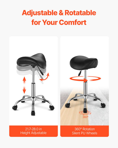 Sadelstol med hjul, 450 LBS viktkapacitet ergonomisk rullstol, höjdjusterbar förtjockad PU-läder snurrbar sadelstol för salong, spa, massage, tatuering, klinik, svart