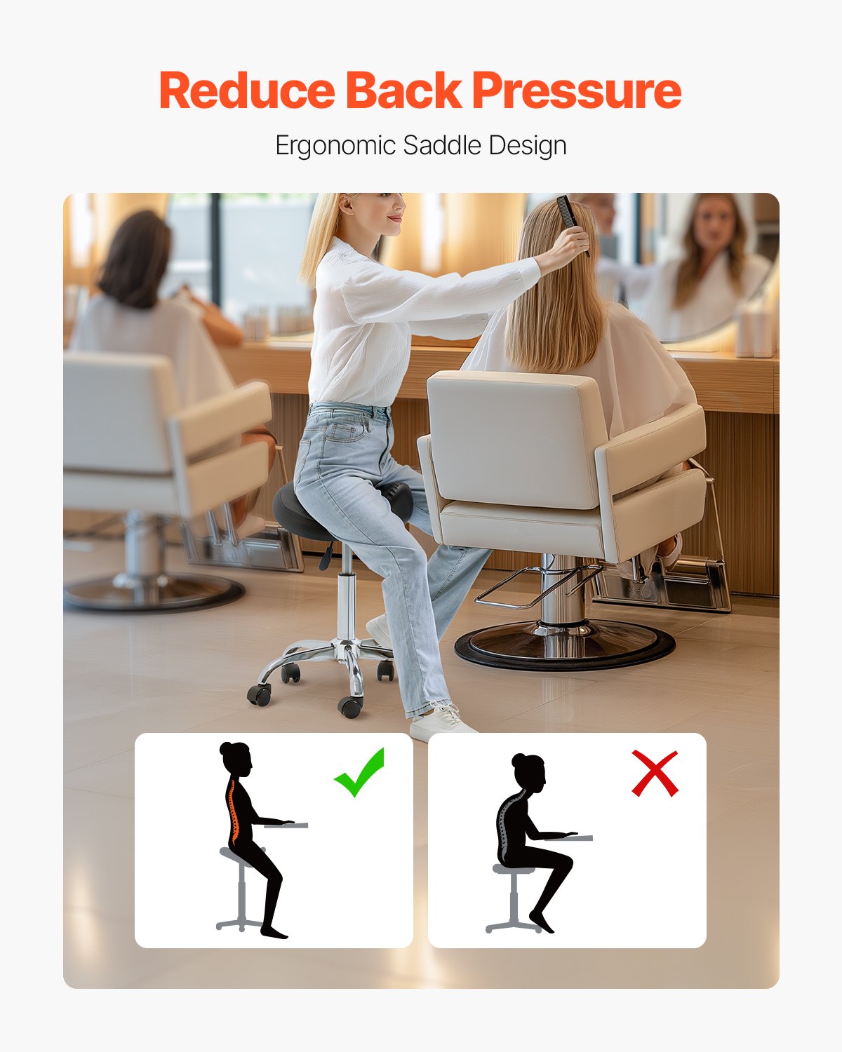 Sadelstol med hjul, 450 LBS viktkapacitet ergonomisk rullstol, höjdjusterbar förtjockad PU-läder snurrbar sadelstol för salong, spa, massage, tatuering, klinik, svart
