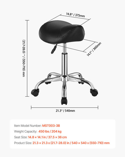 Sadelstol med hjul, 450 LBS viktkapacitet ergonomisk rullstol, höjdjusterbar förtjockad PU-läder snurrbar sadelstol för salong, spa, massage, tatuering, klinik, svart