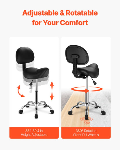 Sadelstol med ryggstöd och hjul, 450 LBS viktkapacitet ergonomisk rullstol, höjdjusterbar förtjockad PU-läder snurrbar sadelstol för salong, spa, massage, tatuering, svart