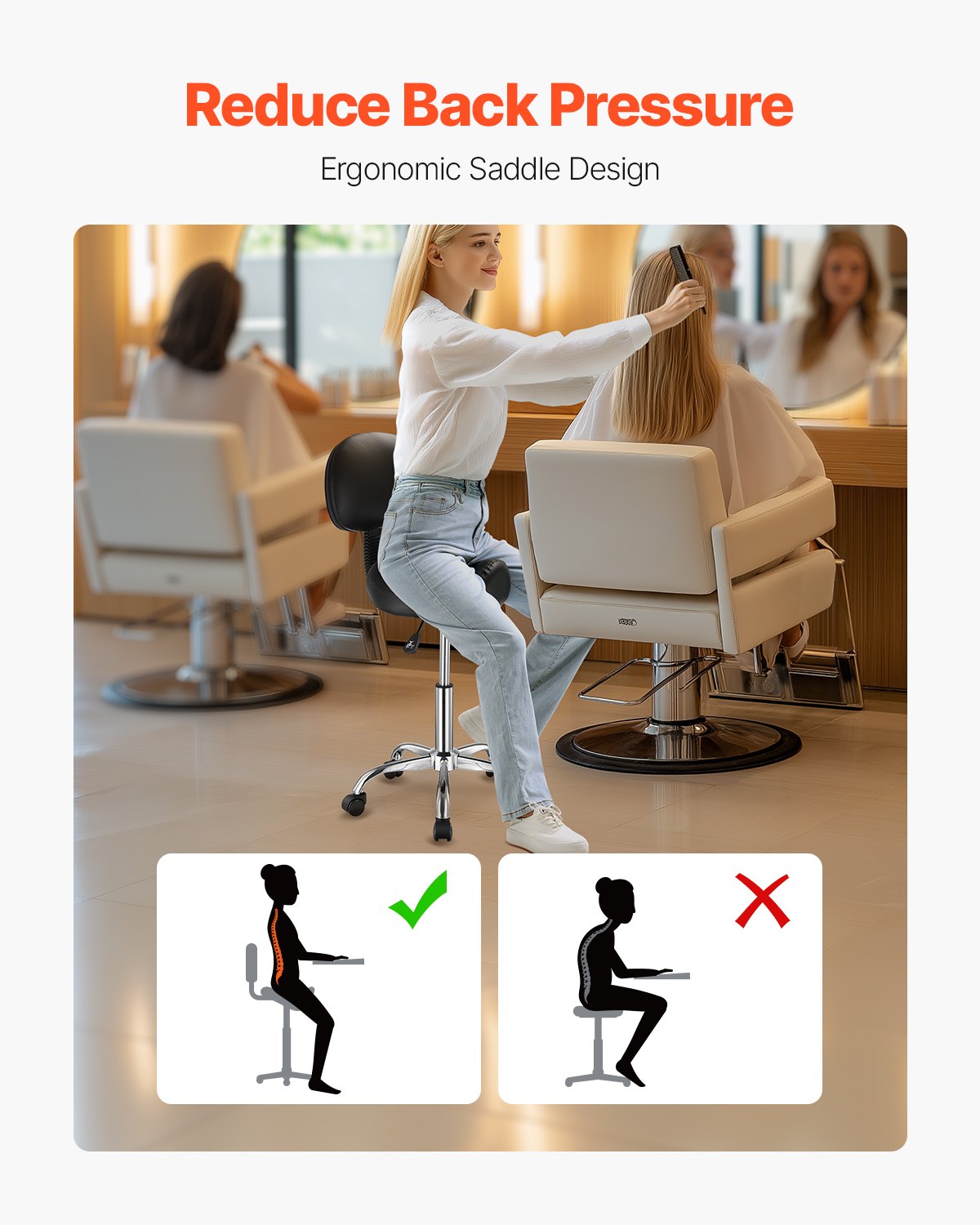 Sadelstol med ryggstöd och hjul, 450 LBS viktkapacitet ergonomisk rullstol, höjdjusterbar förtjockad PU-läder snurrbar sadelstol för salong, spa, massage, tatuering, svart