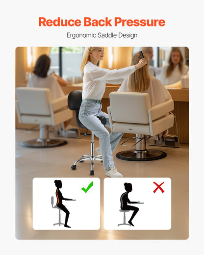 Sadelstol med ryggstöd och hjul, 450 LBS viktkapacitet ergonomisk rullstol, höjdjusterbar förtjockad PU-läder snurrbar sadelstol för salong, spa, massage, tatuering, svart