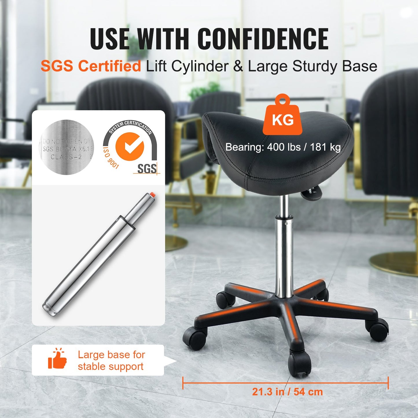 Sadelpall med hjul, 181,4 kg viktkapacitet Ergonomisk rullande sadelpall, höjdjusterbar förtjockad PU-läder snurrbar sadelpallstol för salong, spa, tatuering, klinik, svart