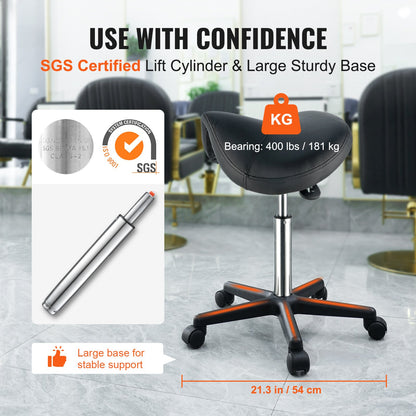 Sadelpall med hjul, 181,4 kg viktkapacitet Ergonomisk rullande sadelpall, höjdjusterbar förtjockad PU-läder snurrbar sadelpallstol för salong, spa, tatuering, klinik, svart
