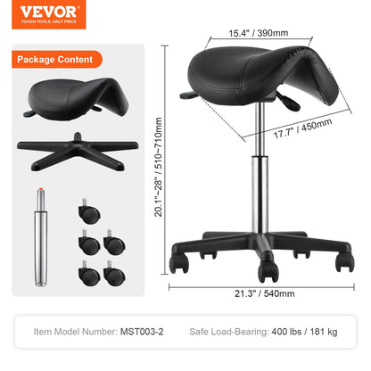 Sadelpall med hjul, 181,4 kg viktkapacitet Ergonomisk rullande sadelpall, höjdjusterbar förtjockad PU-läder snurrbar sadelpallstol för salong, spa, tatuering, klinik, svart