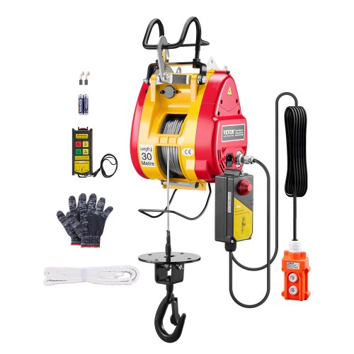 2-i-1 elektrisk vinsch med lyftfunktion, kapacitet 500 kg, 1800 W bärbar vinsch, 27 m lyfthöjd, 11 m/min med trådbunden och trådlös fjärrkontroll, för garage, lager, fabrikslyft och bogsering