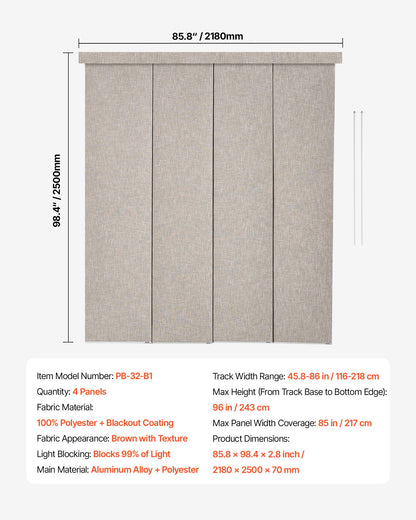 Panelgardiner, utdragbara skenor från 116 cm till 218 cm B, trimbara panelgardiner upp till 243 cm H, vertikala mörkläggningsgardiner för skjutdörrar, altandörrar, rumsavdelare, fönster, brun