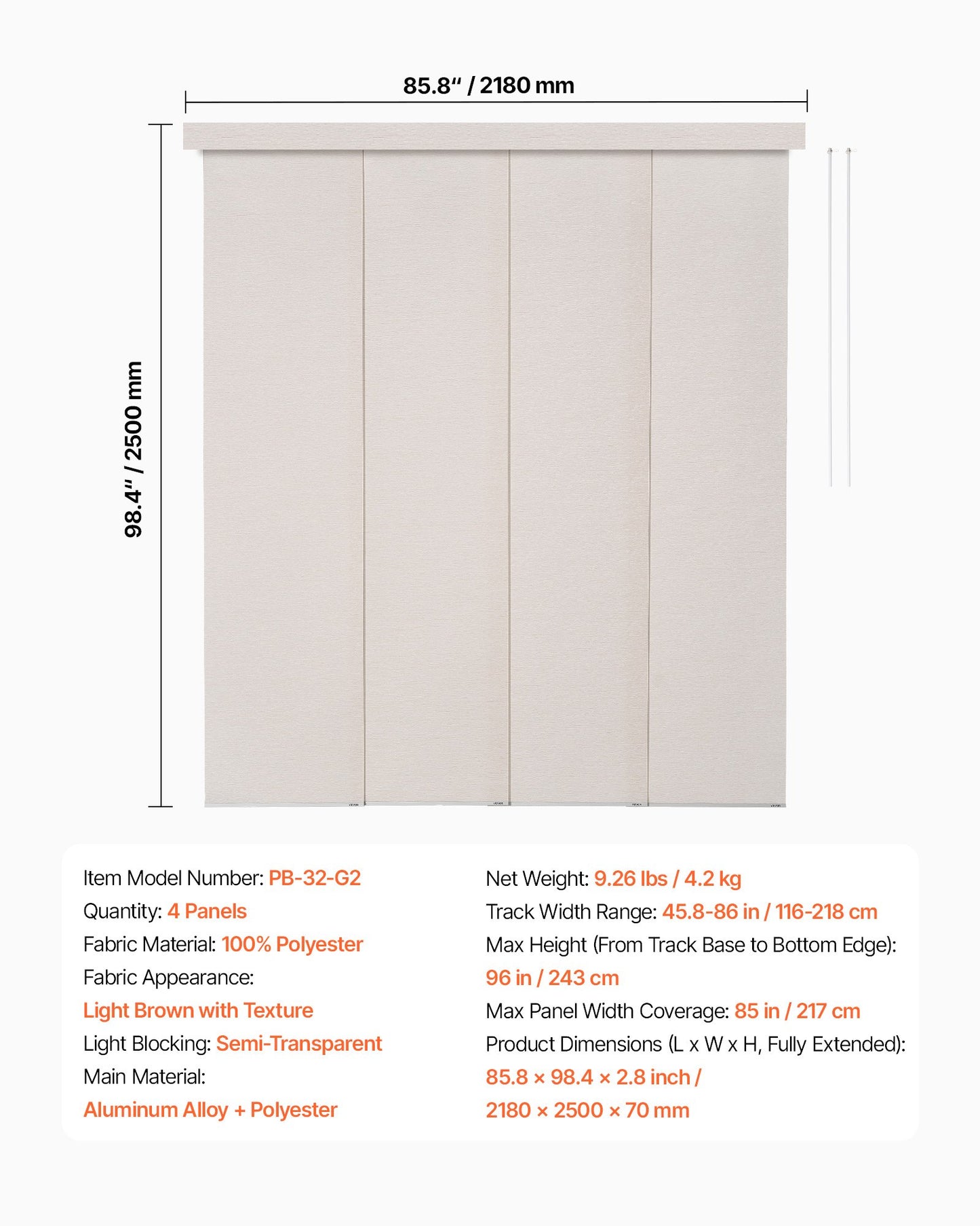 Panelgardiner, utdragbara skenor från 116 cm till 218 cm B, trimbara panelgardiner upp till 243 cm H, justerbara vertikala panelgardiner för skjutdörrar, altandörrar, rumsavdelare, ljusbrun