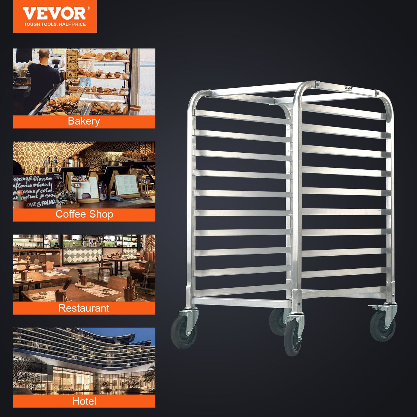 Bullformställ, 10-våningars bageristativ med bromshjul, aluminiumvagn för förvaring av halva och hela ark, snabbställ för kök, brödbakningsutrustning, 26"L x 20,3"B x 39"H
