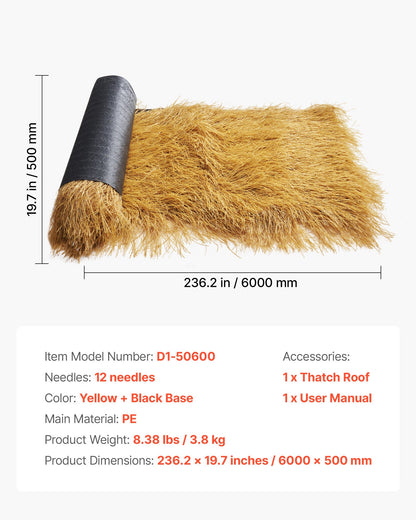 Artificial Thatch Grass Roof, 0.5 x 6 m Tiki Bar Hut Thatch Roofing Roll, Waterproof & Fire-Resistant, Palapa Tiki Roof Mat for Patio Pool Beach Tropical Hawaiian Party Decor