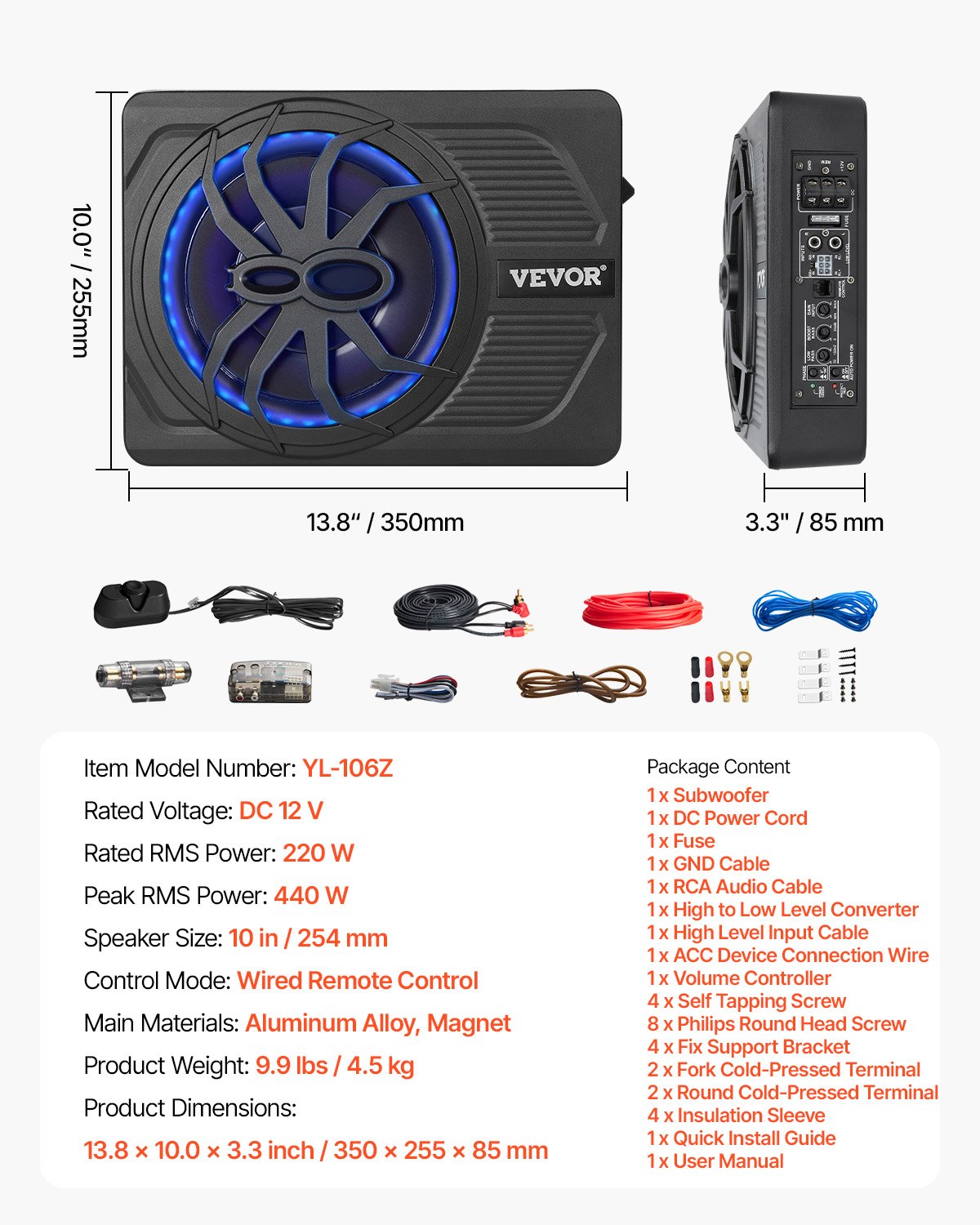 10" 440W subwoofer för bil, smala, drivna subwoofers med blått omgivningsljus, lågprofilsubwoofer under sätet med inbyggd förstärkare, fjärrkontroll för stadsjeepar, bil, lastbil, husbil