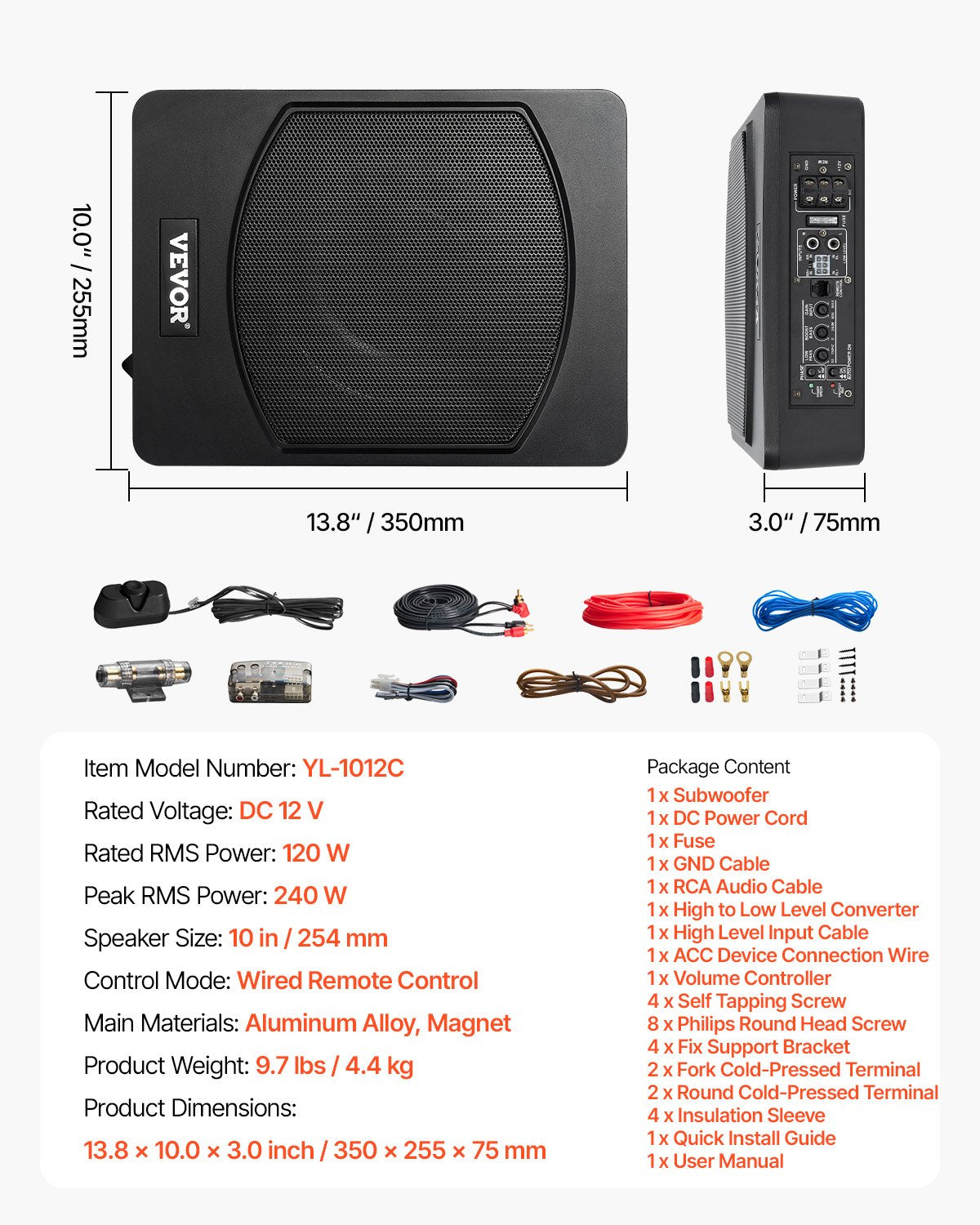 10" 240W subwoofer för undersätet, smala, drivna subwoofers för bil under sätet, inbyggd lågprofilsubwooferförstärkare, hög-/lågnivåingång och volymkontroll för stadsjeepar, bil, lastbil, husbil