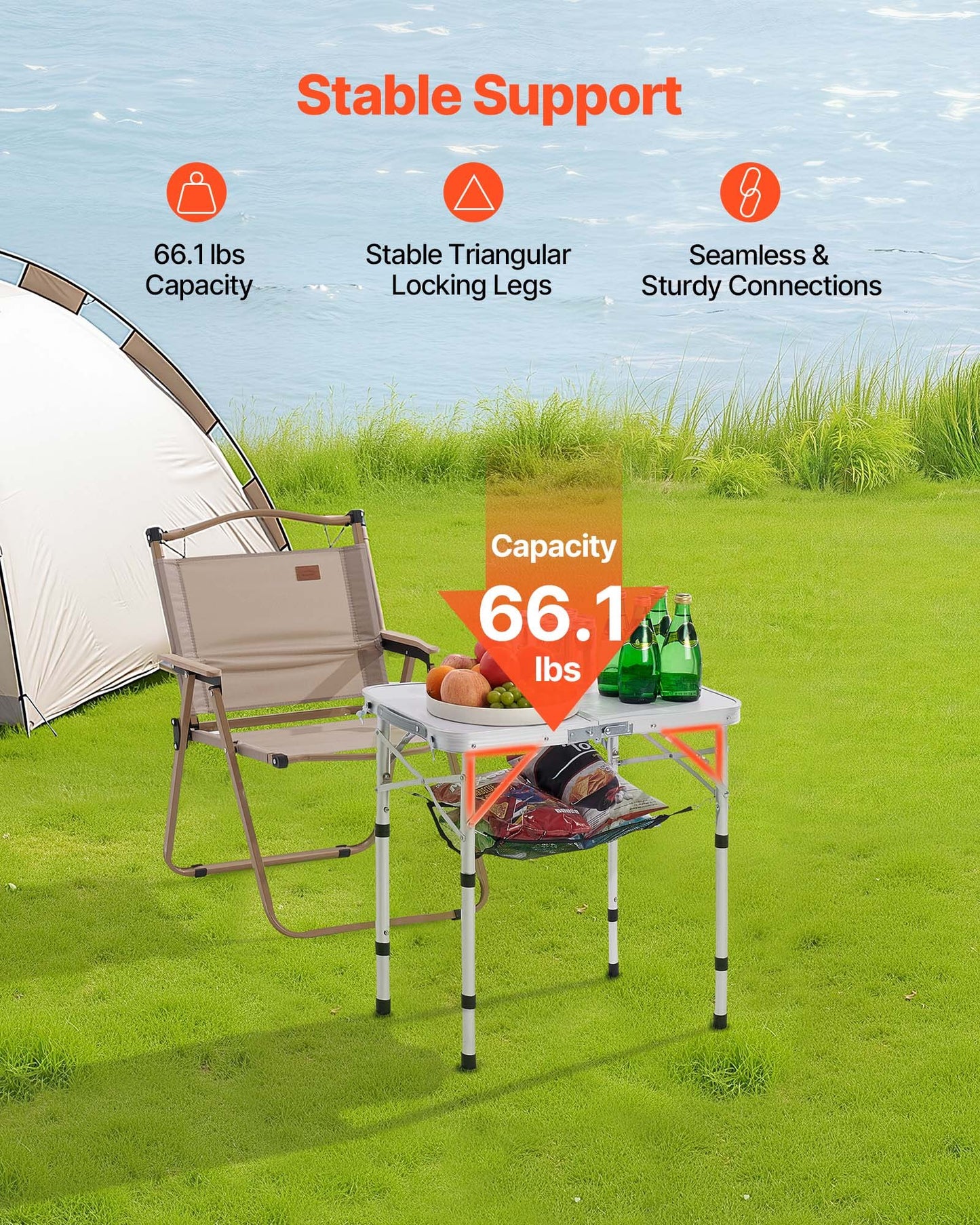 Hopfällbart campingbord, justerbara bärbara sidobord, strandbord i aluminium och MDF med nätlager, bärhandtag, lätt och kompakt för utomhuspicknick och grillmatlagning, 61x40 cm, silver