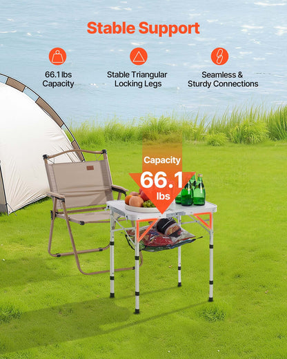 Hopfällbart campingbord, justerbara bärbara sidobord, strandbord i aluminium och MDF med nätlager, bärhandtag, lätt och kompakt för utomhuspicknick och grillmatlagning, 61x40 cm, silver