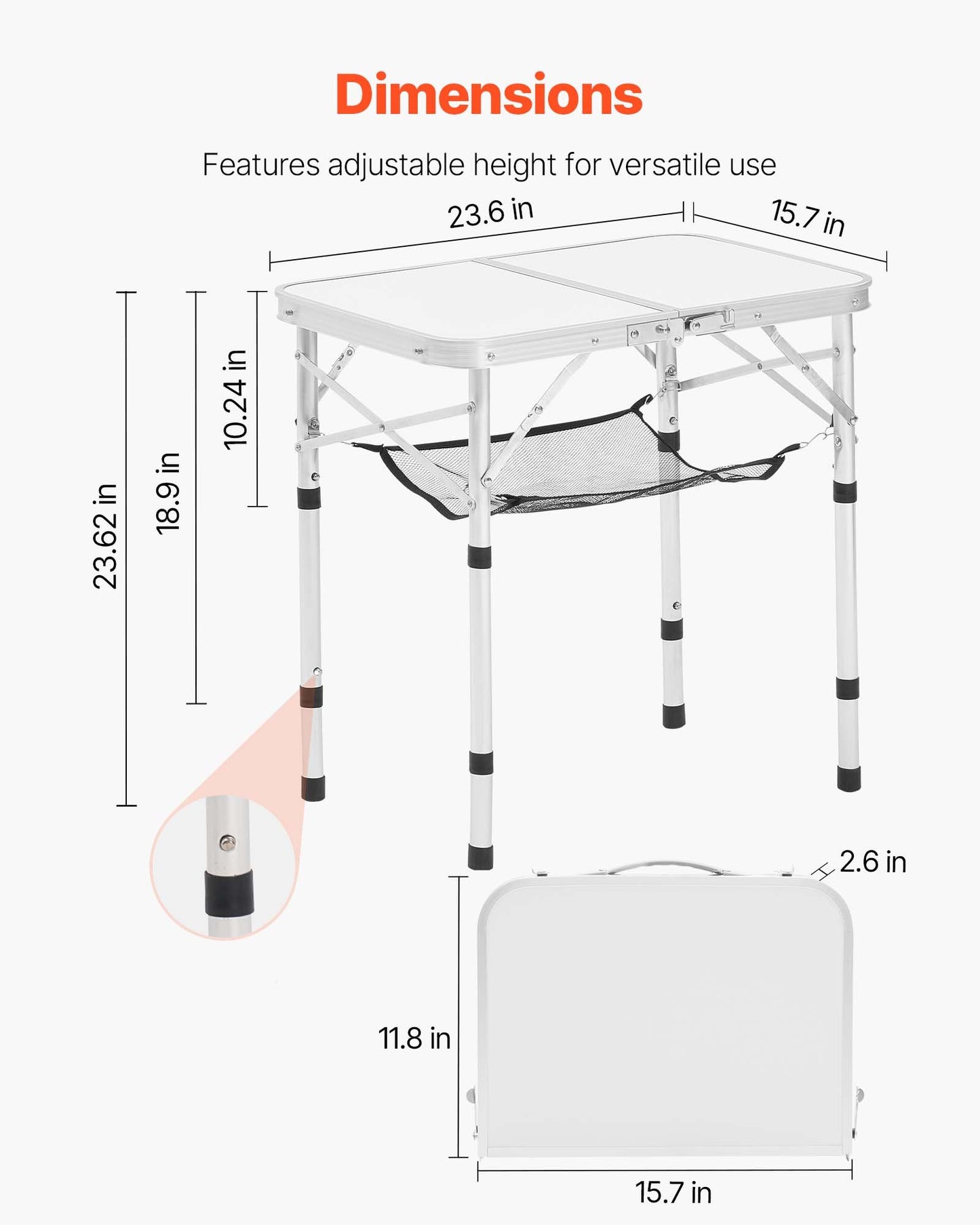 Hopfällbart campingbord, justerbara bärbara sidobord, strandbord i aluminium och MDF med nätlager, bärhandtag, lätt och kompakt för utomhuspicknick och grillmatlagning, 61x40 cm, silver