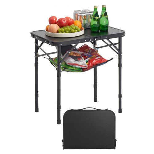 Hopfällbart campingbord, justerbara bärbara sidobord, strandbord i aluminium och MDF med nätlager, bärhandtag, lätt och kompakt för utomhuspicknick och grillmatlagning, 24x16 tum, svart