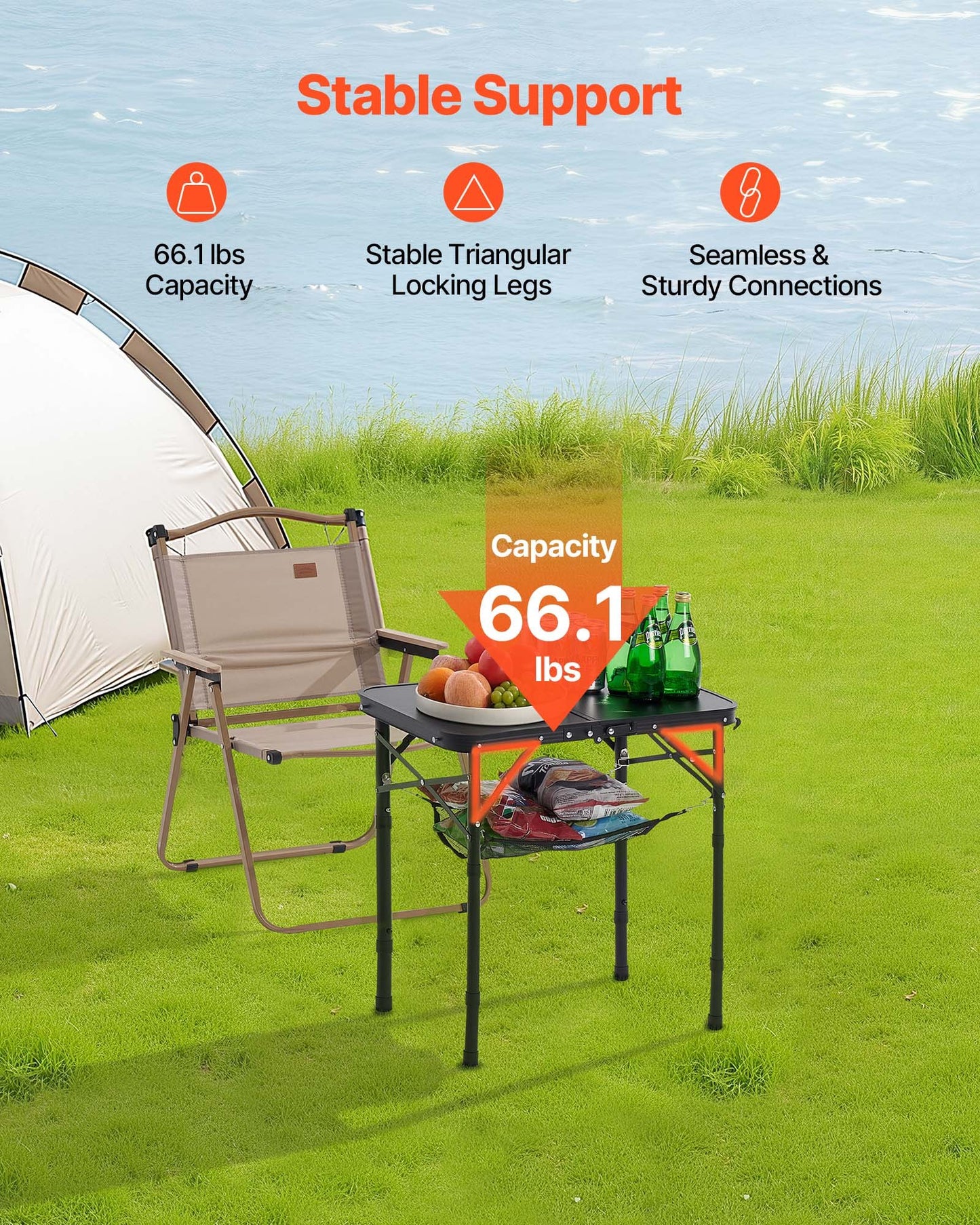 Folding Camping Table, Adjustable Height Portable Side Tables, Aluminum MDF Beach Table with Mesh Layer, Carrying Handle, Lightweight Compact for Outdoor Picnic BBQ Cooking, 24x16in, Black