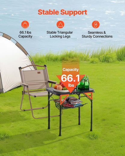 Folding Camping Table, Adjustable Height Portable Side Tables, Aluminum MDF Beach Table with Mesh Layer, Carrying Handle, Lightweight Compact for Outdoor Picnic BBQ Cooking, 24x16in, Black