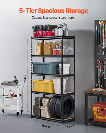 Förvaringshyllor, 900 kg, 5-vånings garageförvaringshylla, 40 cm D x 81 cm B x 18 cm H Justerbara metallhyllor för garagehyllor Verktygshylla, Perfekt för kök, lager, källare, Svart