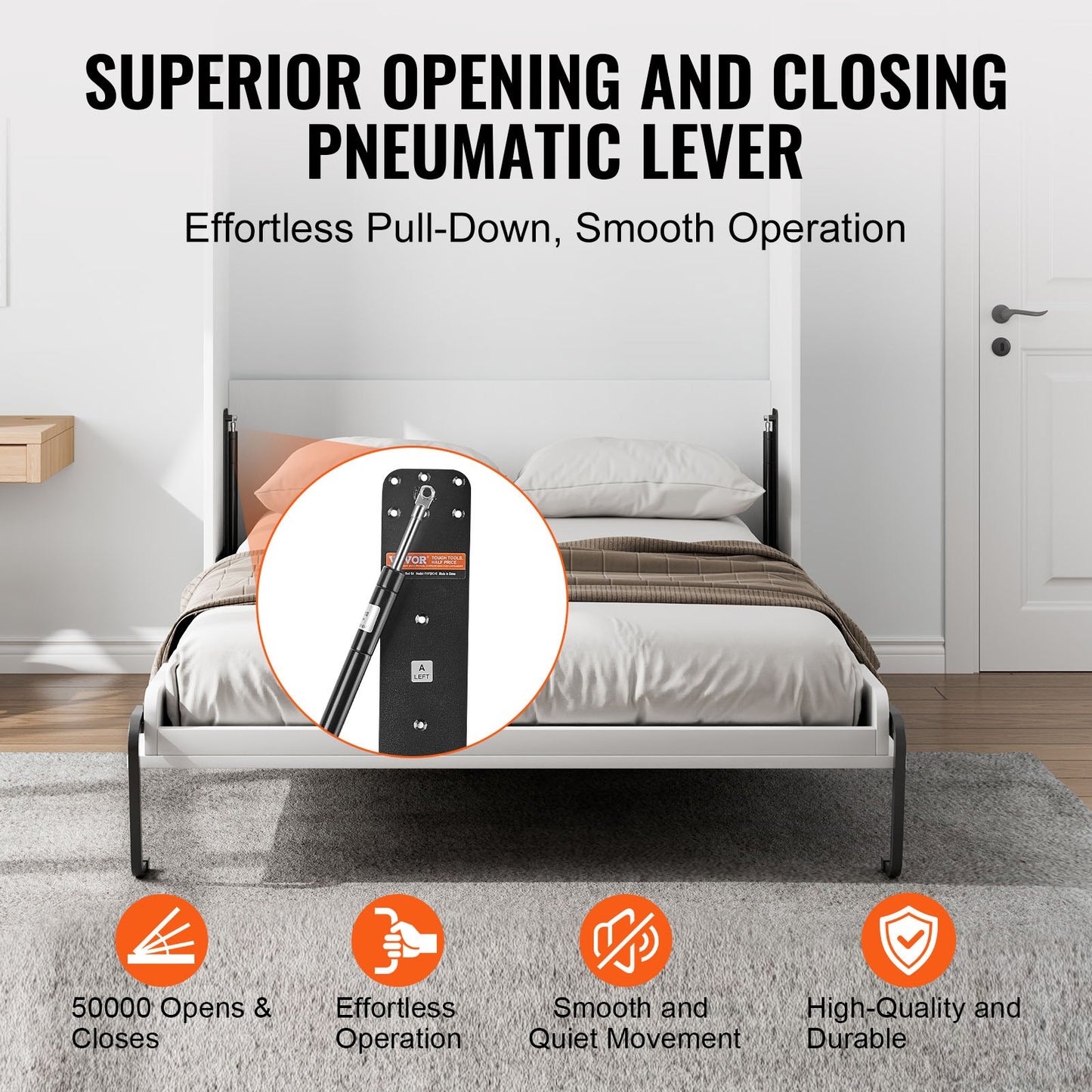 Murphy-sängkit, fullstorlek, vertikal deluxe gör-det-själv-väggsäng mekanisk hårdvara, pneumatisk spak kraftig sängramsstöd, fällbart skåp väggsäng platsbesparande design för gästrum