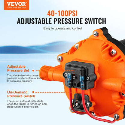 Vattenmembranpump, 12V DC, 5,5 GPM flöde, 70 PSI nominellt tryck (40-100 PSI justerbart), 1/2" MNPT självsugande sprutpump med tryckbrytare för husbil, husbil, marin, båt, gräsmatta, FCC-certifierad