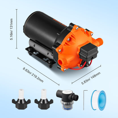 Vattenmembranpump, 12V DC, 5,5 GPM flöde, 70 PSI nominellt tryck (40-100 PSI justerbart), 1/2" MNPT självsugande sprutpump med tryckbrytare för husbil, husbil, marin, båt, gräsmatta, FCC-certifierad