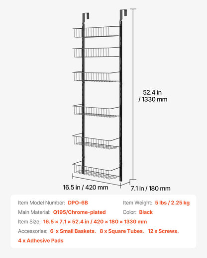 Skafferiorganisatör över dörren, skafferiorganisation och förvaring i 6 nivåer, kraftig hängande kryddhylla i stål, justerbara vägghyllor för kryddor, för kök, tvättstuga, badrum, svart