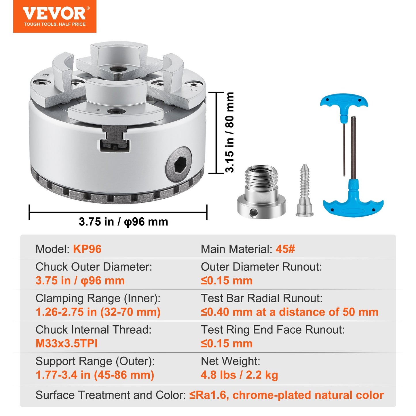 KP96 Svarvchuck, 4-käks 9,5 cm diameter, Metallsvarvchuck Svarvtillbehör, Självcentrerande verktyg, för svarv, precisionsbearbetning, slipmaskiner, fräsmaskiner