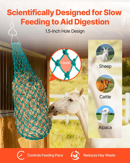 Hay Nets for Horses, 4PCS, 0.9 m Extended Length, 38 x 38 mm Holes, PE Material, with Four Carabiner Hooks, Hanging Slow Feed Hay Nets for Horses, Sheep, Cattle, Alpacas, and Livestock