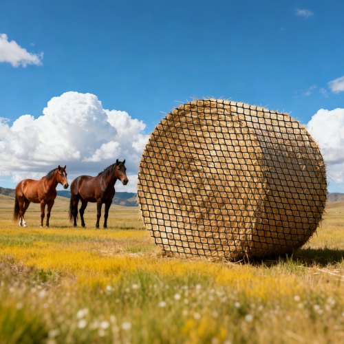 Round Bale Hay Net, 1.5 x 1.5 x 1.5 m, 42 x 42 mm Holes, PE Material, Knotless Design, with Self-Locking Zip Ties, Needle Shuttle, and Repair Twine, Slow Feeder Round Bale Net for Horses