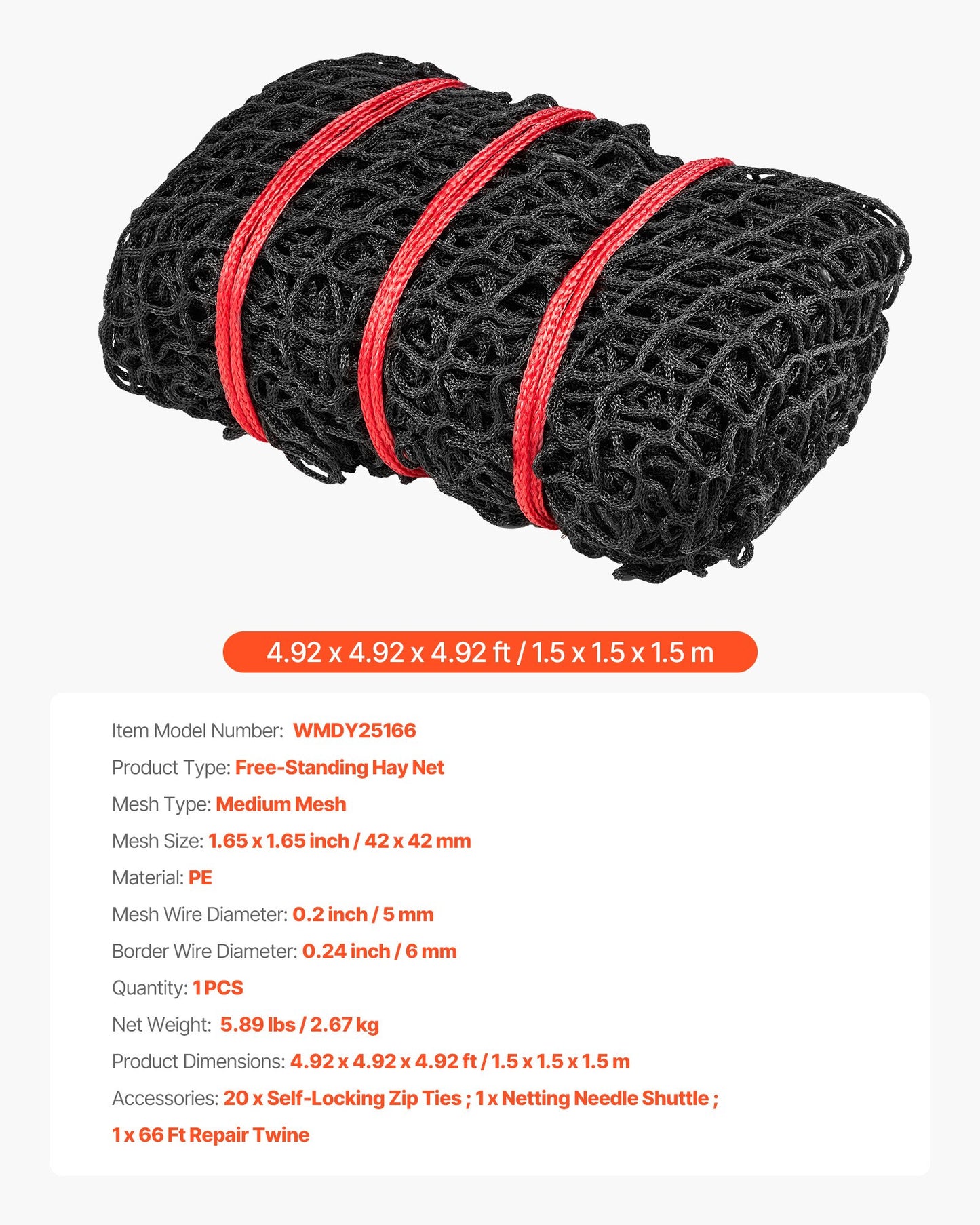 Round Bale Hay Net, 1.5 x 1.5 x 1.5 m, 42 x 42 mm Holes, PE Material, Knotless Design, with Self-Locking Zip Ties, Needle Shuttle, and Repair Twine, Slow Feeder Round Bale Net for Horses