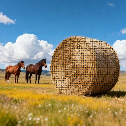 Round Bale Hay Net, 1.5 x 1.5 x 1.5 m, 44.45 x 44.45 mm Holes, PE Material, Reinforced Knotted Design, with Zip Ties, Needle Shuttle, and Repair Twine, Slow Feeder Round Bale Net for Horses