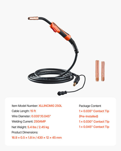 250A MIG-svetspistol med 4,5 m kabel, kompatibel med LincoIn Power MlG 200, 215, 216, 255 och Wire-Matic 255 svetsar, lämplig för 0,035" och 0,045" svetstrådar