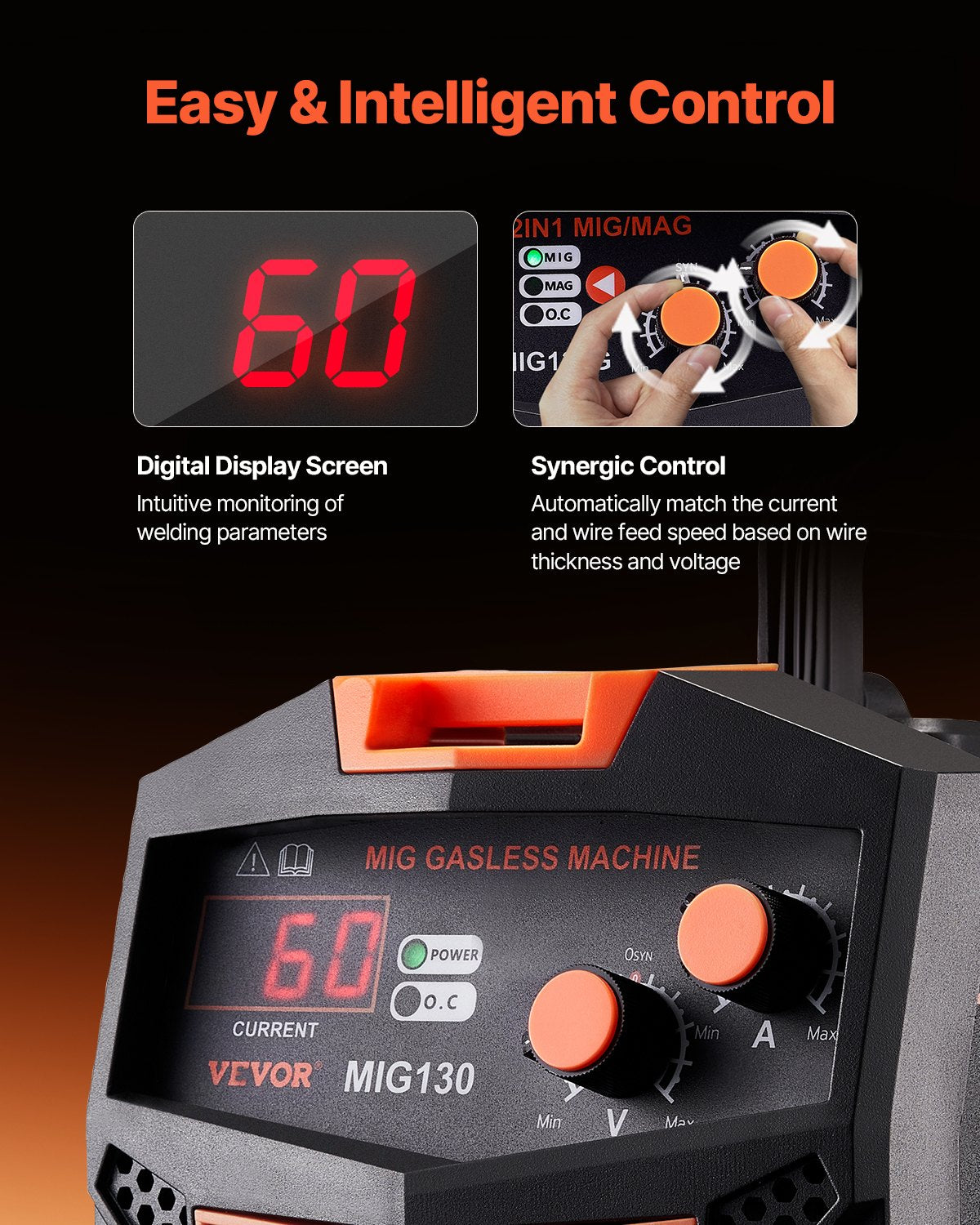 MIG-svets, 130 Amp synergisk MIG-svetsmaskin, gaslös flusskärnsvetsmaskin, bärbar MIG-svets med IGBT-inverterteknik och digital skärm