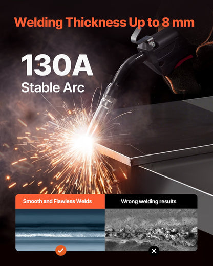 MIG-svets, 130 Amp synergisk MIG-svetsmaskin, 3-i-1 MIG/Stick/Lift TIG multiprocesssvetsmaskin med flusskärna, bärbar MIG-svets med IGBT-inverterteknik och digital skärm