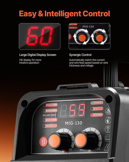 MIG-svets, 130 Amp synergisk MIG-svetsmaskin, 3-i-1 MIG/Stick/Lift TIG multiprocesssvetsmaskin med flusskärna, bärbar MIG-svets med IGBT-inverterteknik och digital skärm