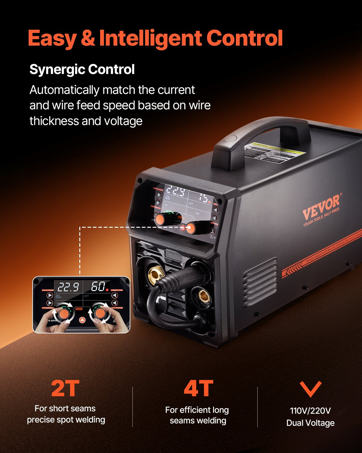 MIG-svets, 200A synergisk MIG-svetsmaskin, 4-i-1 gas-MIG/flusskärna MIG/pinne/lyft-TIG multiprocesssvetsmaskin med IGBT-inverterteknik och LCD-skärm