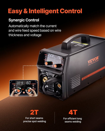 Pro MIG-svets, 200Amp Pluse MIG-svetsmaskin, 5-i-1 synergisk svetsmaskin MIG Pluse/Gas MIG/Flux Core MIG/Stick/Lift TIG med IGBT-inverterteknik och LCD-skärm