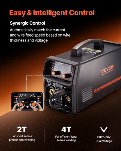 Pro MIG Welder, 250Amp Pluse Mig Welding Machine, 5-in-1 Synergic Welder Machine MIG Pluse/Gas MIG/Flux Core MIG/Stick/Lift TIG with IGBT Inverter Technology and LCD Screen Display