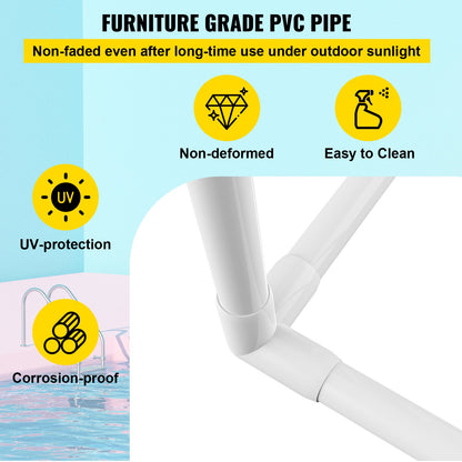 Handdukshängare för pool, 8 stänger, vit, fristående utomhus PVC triangulär förvaringsorganisatör för poolen, inkluderar 8 handduksklämmor, nätpåse, krok, förvarar även flytplagg och paddlar, för strand, pool