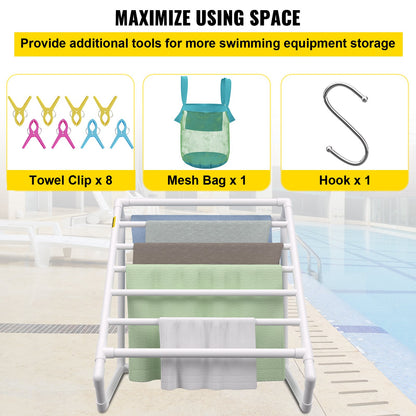 Handdukshängare för pool, 8 stänger, vit, fristående utomhus PVC triangulär förvaringsorganisatör för poolen, inkluderar 8 handduksklämmor, nätpåse, krok, förvarar även flytplagg och paddlar, för strand, pool